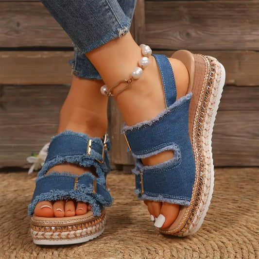 Maeve™ | Denim-sandalen met sleehak