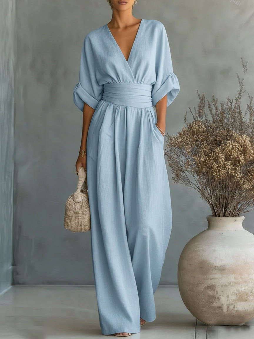 Éliane™ | Jumpsuit met V-hals in pastelblauw