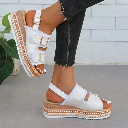 Maeve™ | Denim-sandalen met sleehak