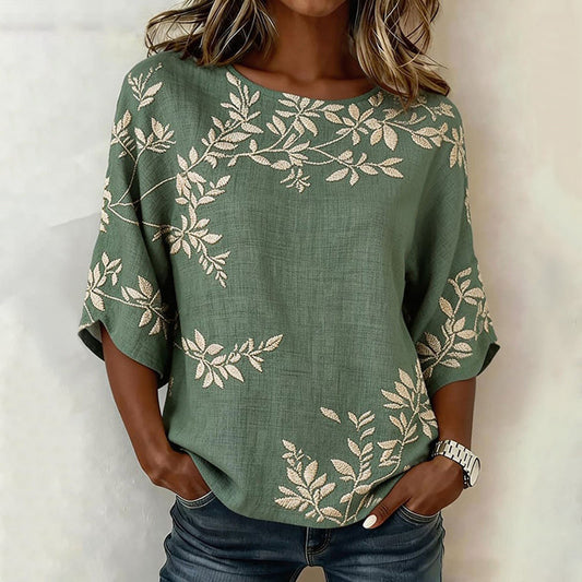 Élise™ | Vintage blouse met bladmotief