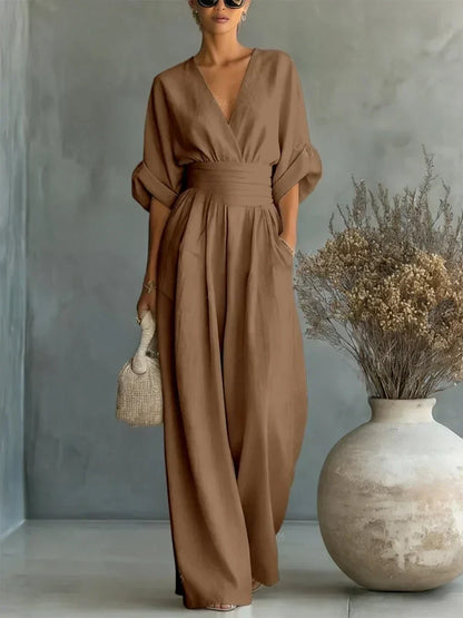 Éliane™ | Jumpsuit met V-hals in pastelblauw