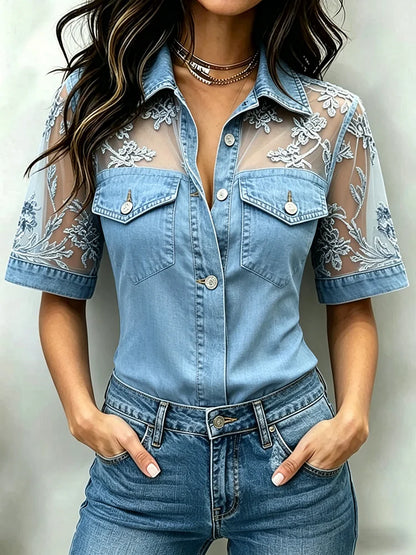 Marceline™ | Denim blouse met kant