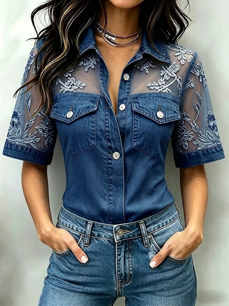 Marceline™ | Denim blouse met kant