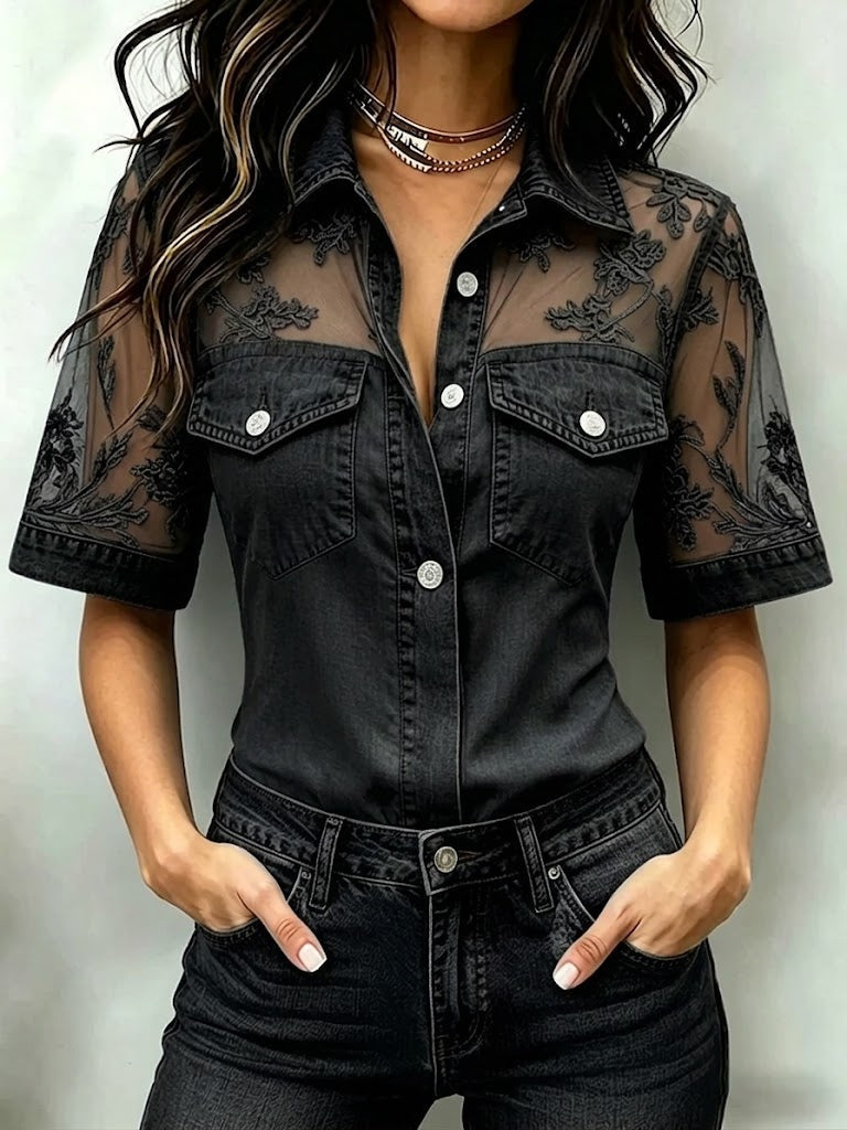 Marceline™ | Denim blouse met kant